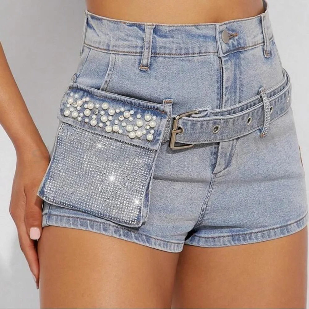 Haute Embellished Pocket Belted Denim Shorts - Picture 1 of 4